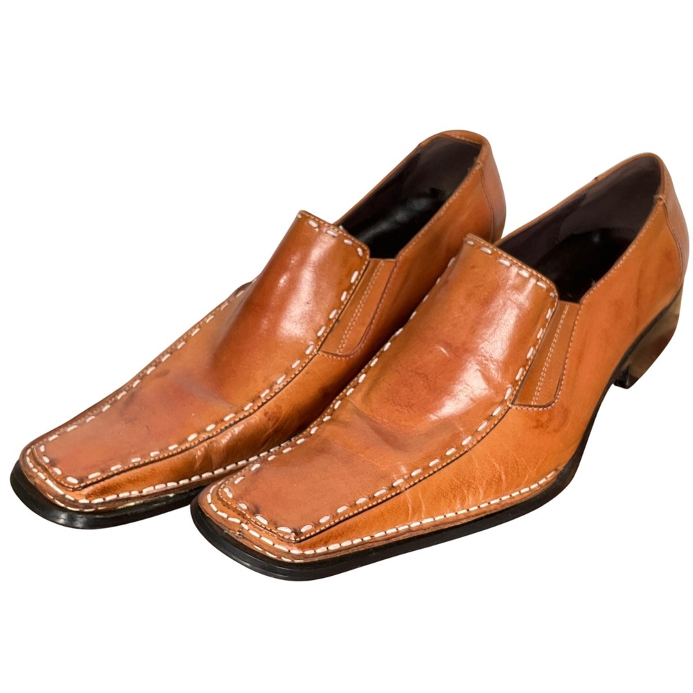 Fiesso by Aurelio Garcia Brown Leather Square Toe Slip On Loafers Italy‎ Retro